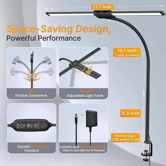 Alt view image 3 of 7 - LED Desk Lamp for Home Office, Architect Desk Lamp with Clamp, Gesture/Wired Control, Ultra Bright Gooseneck Desk Light, Memory & Timer, 50 Lighting Modes for Study, Reading, Crafting