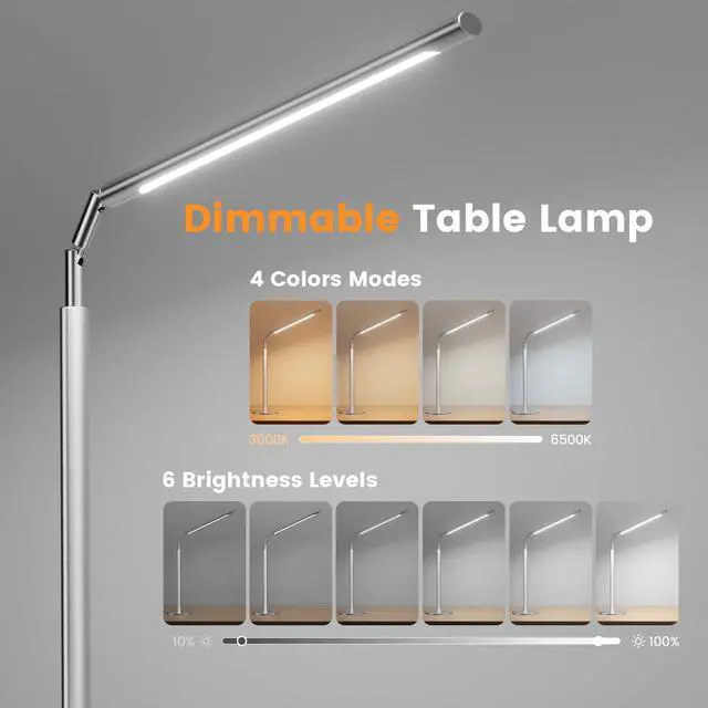 Alt view image 3 of 7 - Metal Desk Lamp for Home Office - 16'' Foldable LED Desk Light for Reading, 4 Color Temps, 15W 1200Lm Dimmable Table Lamp with Flexible Arm, Task Lamp for College Dorm Study Painting, Silver