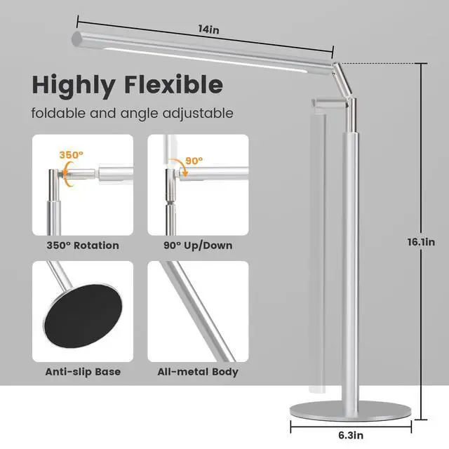 Alt view image 4 of 7 - Metal Desk Lamp for Home Office - 16'' Foldable LED Desk Light for Reading, 4 Color Temps, 15W 1200Lm Dimmable Table Lamp with Flexible Arm, Task Lamp for College Dorm Study Painting, Silver