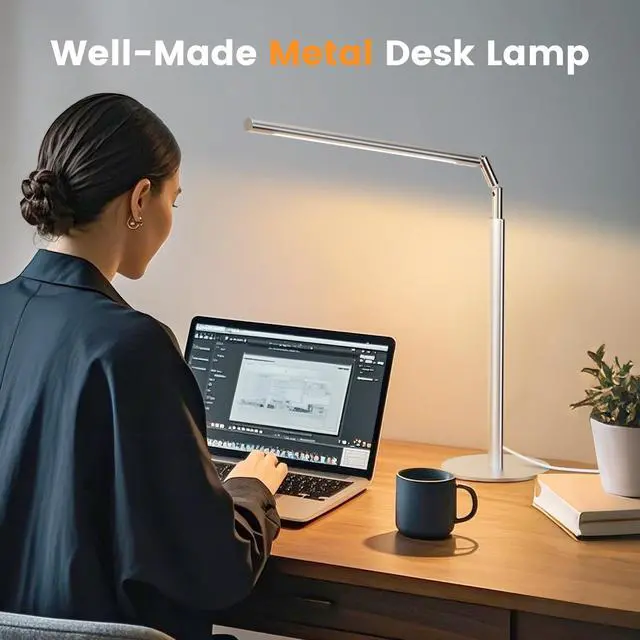 Alt view image 2 of 7 - Metal Desk Lamp for Home Office - 16'' Foldable LED Desk Light for Reading, 4 Color Temps, 15W 1200Lm Dimmable Table Lamp with Flexible Arm, Task Lamp for College Dorm Study Painting, Silver