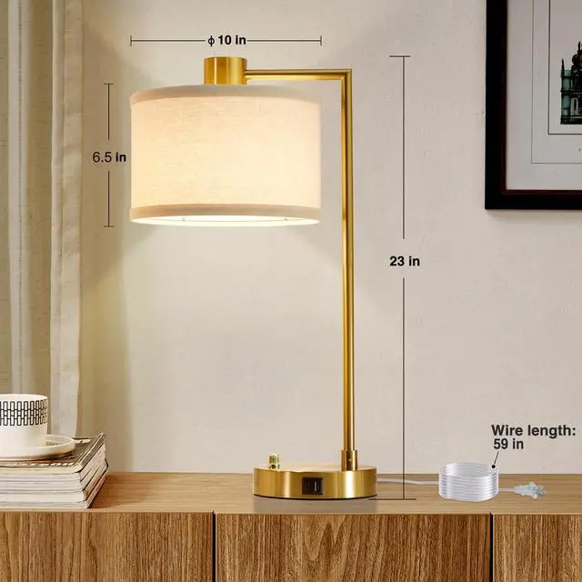 Alt view image 3 of 7 - Table Lamp for Bedroom Set of 2 with USB C+A Ports, Fully Stepless Dimmable Bedside Lamp with Linen Lampshade, Nightstand Lamp for Living Room Reading Office, 2 LED Bulbs Included (Gold)