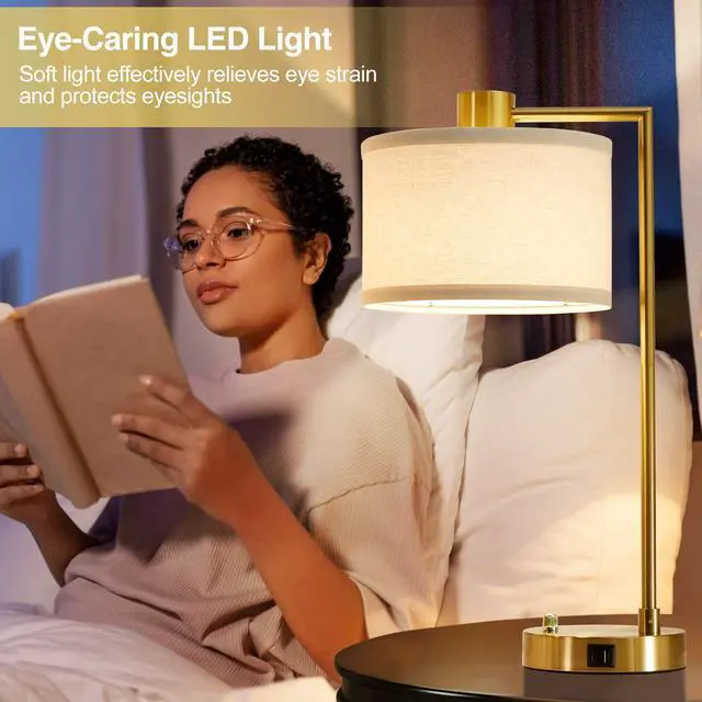 Alt view image 4 of 7 - Table Lamp for Bedroom Set of 2 with USB C+A Ports, Fully Stepless Dimmable Bedside Lamp with Linen Lampshade, Nightstand Lamp for Living Room Reading Office, 2 LED Bulbs Included (Gold)