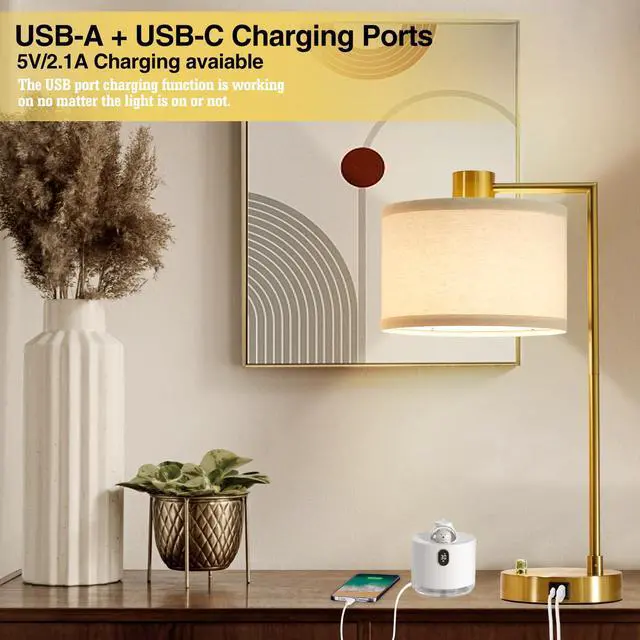 Alt view image 5 of 7 - Table Lamp for Bedroom Set of 2 with USB C+A Ports, Fully Stepless Dimmable Bedside Lamp with Linen Lampshade, Nightstand Lamp for Living Room Reading Office, 2 LED Bulbs Included (Gold)