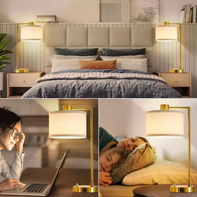 Alt view image 6 of 7 - Table Lamp for Bedroom Set of 2 with USB C+A Ports, Fully Stepless Dimmable Bedside Lamp with Linen Lampshade, Nightstand Lamp for Living Room Reading Office, 2 LED Bulbs Included (Gold)