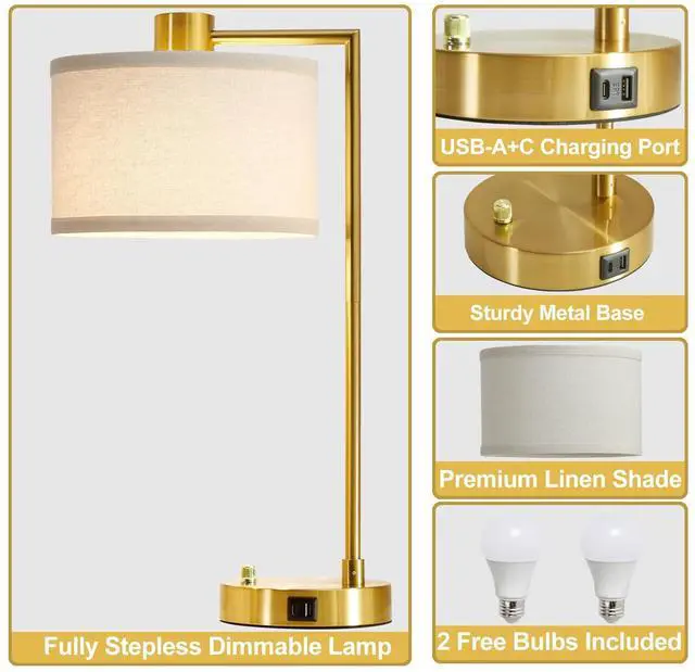 Alt view image 7 of 7 - Table Lamp for Bedroom Set of 2 with USB C+A Ports, Fully Stepless Dimmable Bedside Lamp with Linen Lampshade, Nightstand Lamp for Living Room Reading Office, 2 LED Bulbs Included (Gold)