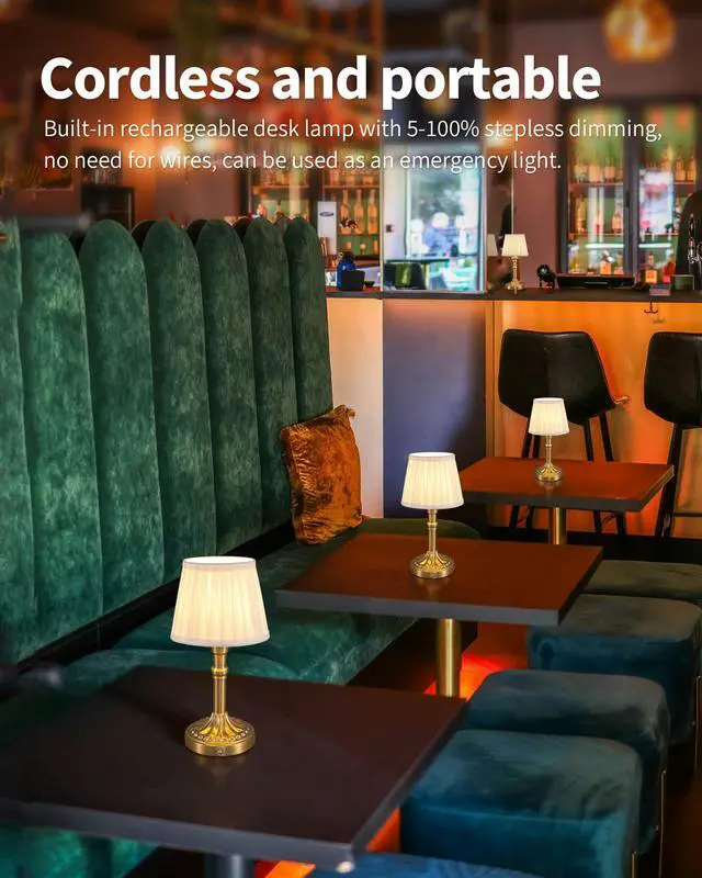 Alt view image 3 of 7 - Cordless Portables Table Lamp, LED Fabric Shade Small Desk Lamps, 4000mAh Battery Powered Lighting, 2700K Stepless Dimmable Light for Living Room, Dining Room, Bedroom, Bedside (Gold)