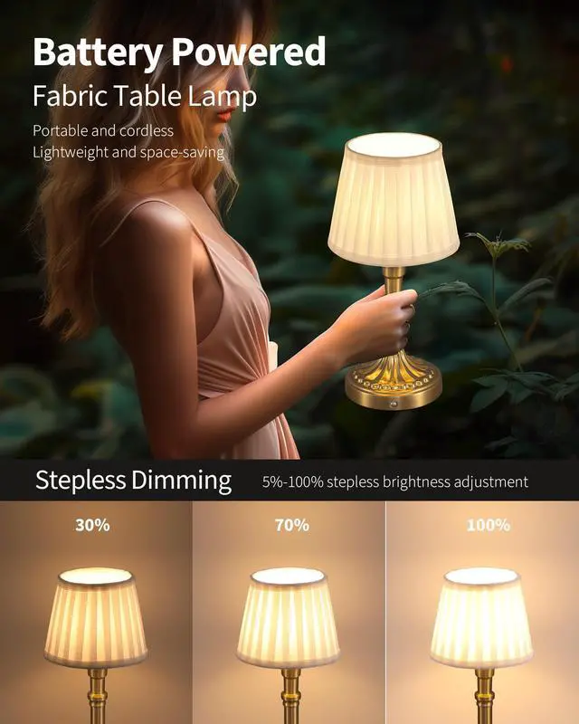 Alt view image 4 of 7 - Cordless Portables Table Lamp, LED Fabric Shade Small Desk Lamps, 4000mAh Battery Powered Lighting, 2700K Stepless Dimmable Light for Living Room, Dining Room, Bedroom, Bedside (Gold)