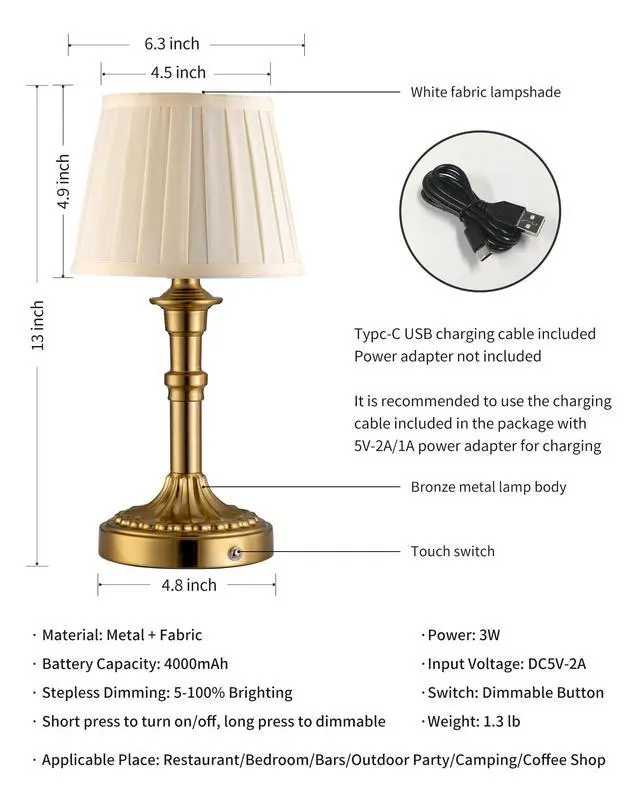 Alt view image 5 of 7 - Cordless Portables Table Lamp, LED Fabric Shade Small Desk Lamps, 4000mAh Battery Powered Lighting, 2700K Stepless Dimmable Light for Living Room, Dining Room, Bedroom, Bedside (Gold)