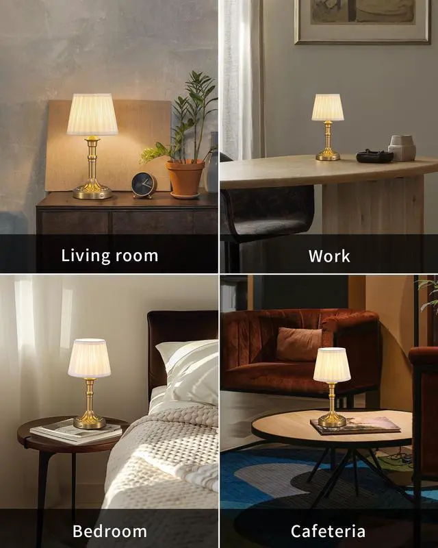 Alt view image 6 of 7 - Cordless Portables Table Lamp, LED Fabric Shade Small Desk Lamps, 4000mAh Battery Powered Lighting, 2700K Stepless Dimmable Light for Living Room, Dining Room, Bedroom, Bedside (Gold)