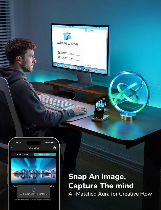 Alt view image 4 of 7 - AI Smart Table Lamp, RGB+IC Addressable Color Changing Desk Light Alexa Google Home Enable, Music Sync, DIY Endless Scenes, APP Control Cool LED Lamp for Room Decor Ambient Lighting, 2.4 GHz