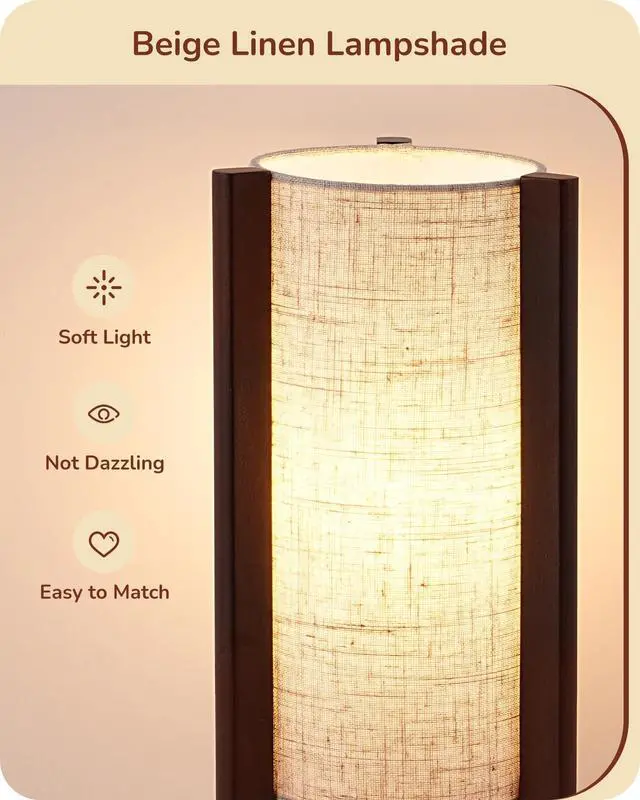Alt view image 2 of 7 - 13.5" Small Table Lamps, Walnut Wood Cylinder Bedside Lamp for Bedroom, Beige Linen Shade, Corner Modern Nightstand Lamp for Living Room, On-Off Switch, E26 Base (Bulb Not Included), 2Pack