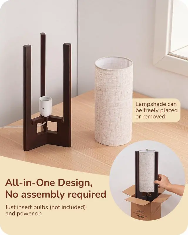 Alt view image 3 of 7 - 13.5" Small Table Lamps, Walnut Wood Cylinder Bedside Lamp for Bedroom, Beige Linen Shade, Corner Modern Nightstand Lamp for Living Room, On-Off Switch, E26 Base (Bulb Not Included), 2Pack