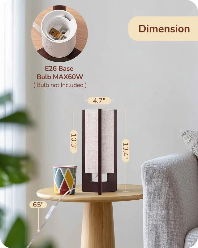 Alt view image 4 of 7 - 13.5" Small Table Lamps, Walnut Wood Cylinder Bedside Lamp for Bedroom, Beige Linen Shade, Corner Modern Nightstand Lamp for Living Room, On-Off Switch, E26 Base (Bulb Not Included), 2Pack