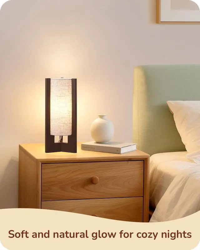 Alt view image 6 of 7 - 13.5" Small Table Lamps, Walnut Wood Cylinder Bedside Lamp for Bedroom, Beige Linen Shade, Corner Modern Nightstand Lamp for Living Room, On-Off Switch, E26 Base (Bulb Not Included), 2Pack