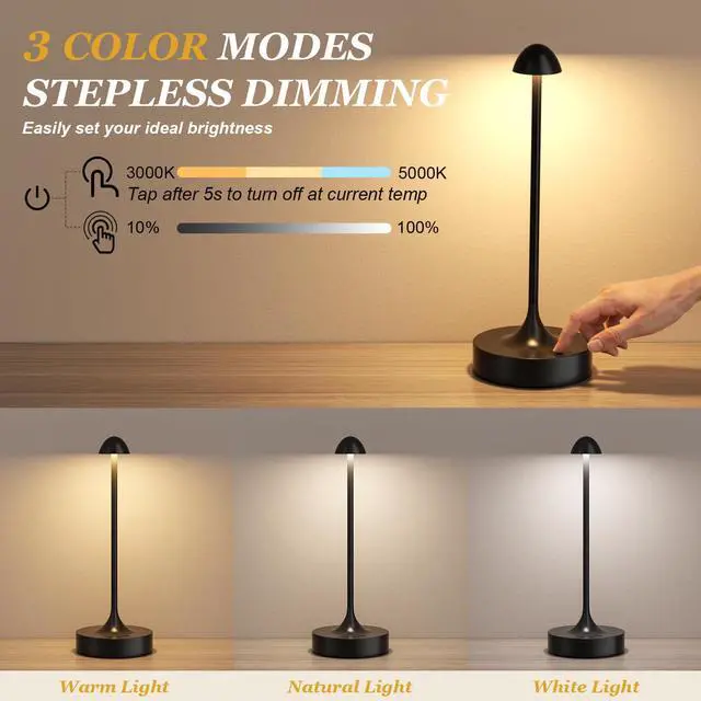 Alt view image 4 of 7 - Rechargeable Cordless Table Lamp, Battery Operated Lamps, 3-Color Stepless Dimming, Portable Wireless Desk Lamp, LED Lighting for Dining Room, Restaurant, Office, Bar, Home(Black 2 Pack)