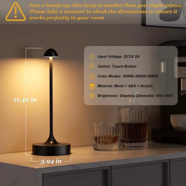 Alt view image 5 of 7 - Rechargeable Cordless Table Lamp, Battery Operated Lamps, 3-Color Stepless Dimming, Portable Wireless Desk Lamp, LED Lighting for Dining Room, Restaurant, Office, Bar, Home(Black 2 Pack)