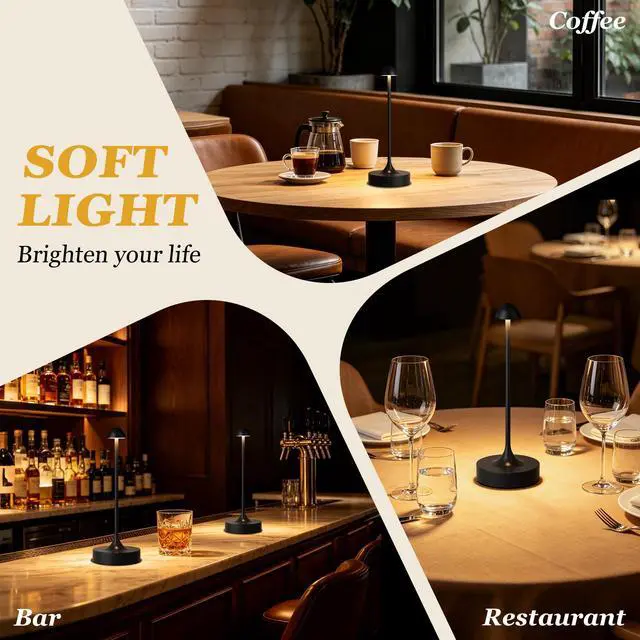 Alt view image 6 of 7 - Rechargeable Cordless Table Lamp, Battery Operated Lamps, 3-Color Stepless Dimming, Portable Wireless Desk Lamp, LED Lighting for Dining Room, Restaurant, Office, Bar, Home(Black 2 Pack)