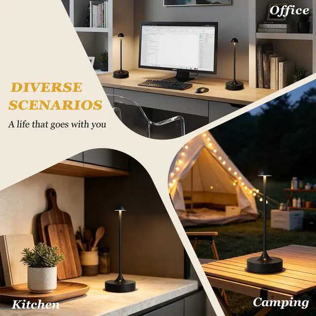 Alt view image 7 of 7 - Rechargeable Cordless Table Lamp, Battery Operated Lamps, 3-Color Stepless Dimming, Portable Wireless Desk Lamp, LED Lighting for Dining Room, Restaurant, Office, Bar, Home(Black 2 Pack)