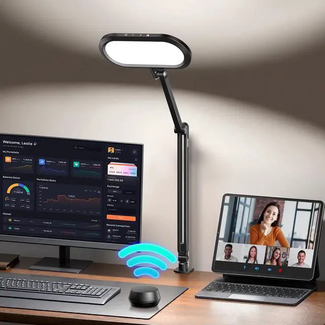 Main image of LED Desk Lamp for Home Office, Eye-Care Double-Sided Desk Light with Stepless Dimmable Knob Remote, Memory, Adjustable Arm Clip on Light for Video Recording, Zoom Call, Study, Flicker-Free, Glare-Free