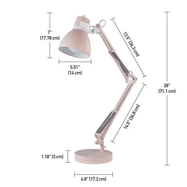 Alt view image 3 of 6 - 52028 28" Swing Arm Architect Desk Lamp, Matte Rose Finish, White Accents, Rotary Switch on Shade, Partially Adjustable Arm, Modern Lighting for Bedroom or Office, E26 Base