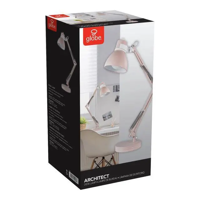 Alt view image 6 of 6 - 52028 28" Swing Arm Architect Desk Lamp, Matte Rose Finish, White Accents, Rotary Switch on Shade, Partially Adjustable Arm, Modern Lighting for Bedroom or Office, E26 Base
