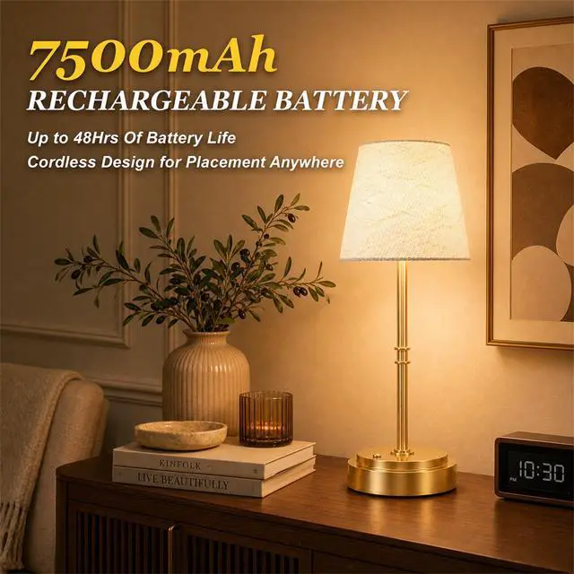 Alt view image 2 of 7 - Rechargeable Cordless Table Lamp Gold - 1 Pack Brass 7500mAh Battery Operated Lamp, 16-Inch Antique Brass Aesthetic Desk Light for Kitchen Counter, Bathroom Vanity and Dining Room