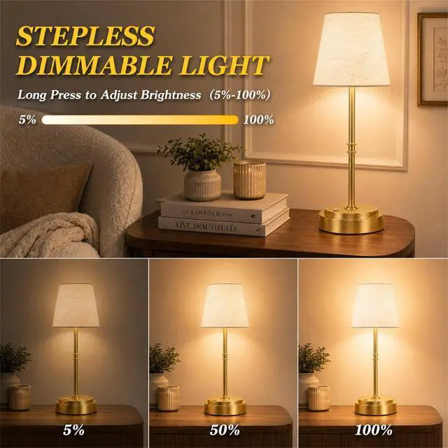 Alt view image 3 of 7 - Rechargeable Cordless Table Lamp Gold - 1 Pack Brass 7500mAh Battery Operated Lamp, 16-Inch Antique Brass Aesthetic Desk Light for Kitchen Counter, Bathroom Vanity and Dining Room