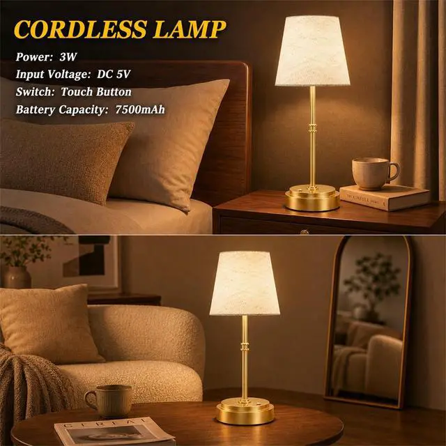 Alt view image 4 of 7 - Rechargeable Cordless Table Lamp Gold - 1 Pack Brass 7500mAh Battery Operated Lamp, 16-Inch Antique Brass Aesthetic Desk Light for Kitchen Counter, Bathroom Vanity and Dining Room