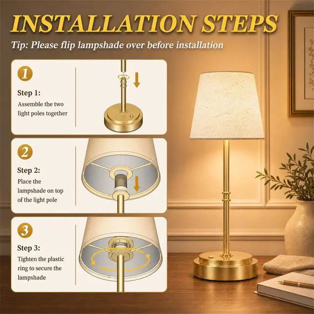 Alt view image 7 of 7 - Rechargeable Cordless Table Lamp Gold - 1 Pack Brass 7500mAh Battery Operated Lamp, 16-Inch Antique Brass Aesthetic Desk Light for Kitchen Counter, Bathroom Vanity and Dining Room
