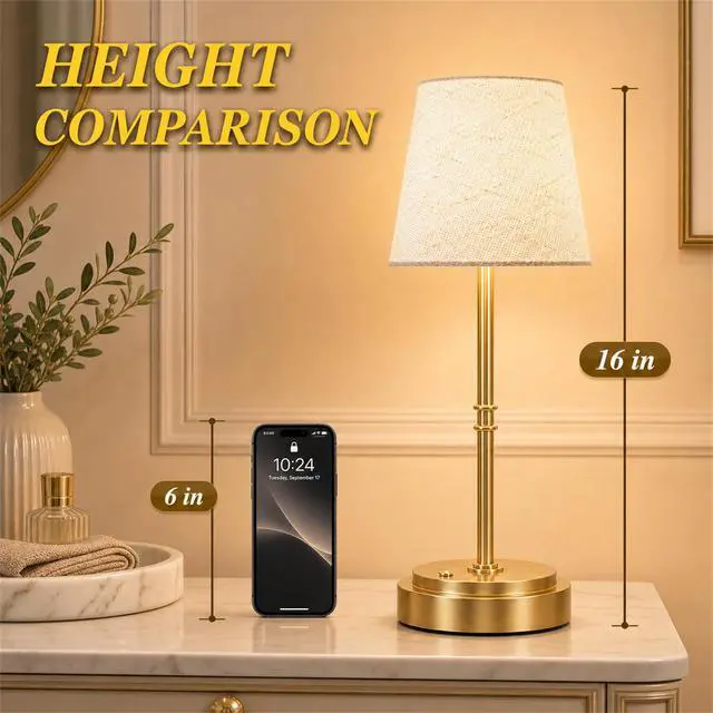 Alt view image 6 of 7 - Rechargeable Cordless Table Lamp Gold - 1 Pack Brass 7500mAh Battery Operated Lamp, 16-Inch Antique Brass Aesthetic Desk Light for Kitchen Counter, Bathroom Vanity and Dining Room