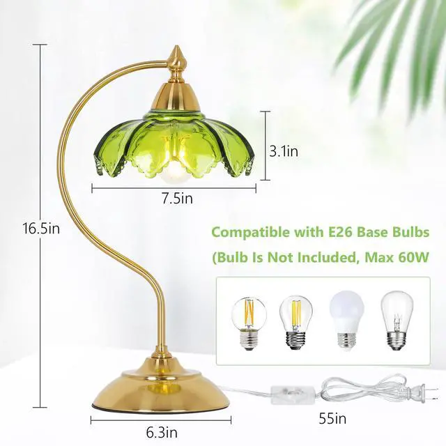 Alt view image 2 of 7 - Glass Beside Table Lamp for Bedroom, Plug In Gold Desk Lamp, Vintage Flower Nightstand Lamp, Table Lamps for Living Room, Small Desk Lamps for Home Office, Green Table Light, Flower Lamp Decoration