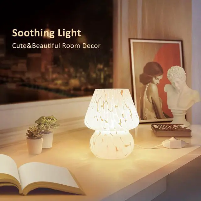 Alt view image 4 of 6 - Mushroom Lamp Small Bedside Table Lamp-Nightstand Nightlight Dimmable Stepless, Translucent Glass White Desk Lamp for Bedroom Dorm Living Kitchen, Murano Style Aesthetic Cute Home Decor