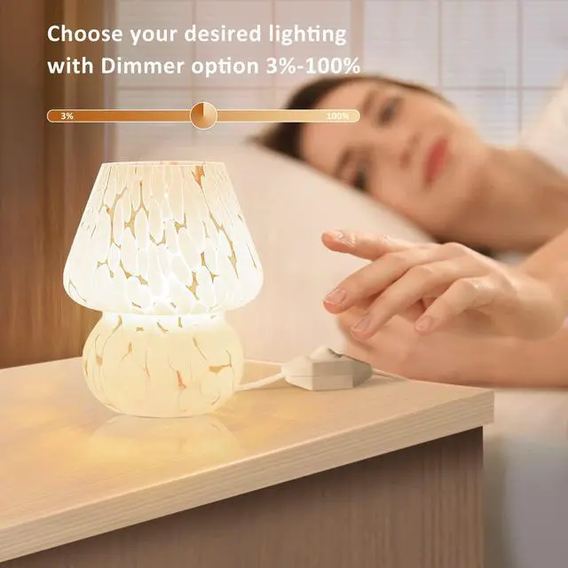 Alt view image 2 of 6 - Mushroom Lamp Small Bedside Table Lamp-Nightstand Nightlight Dimmable Stepless, Translucent Glass White Desk Lamp for Bedroom Dorm Living Kitchen, Murano Style Aesthetic Cute Home Decor