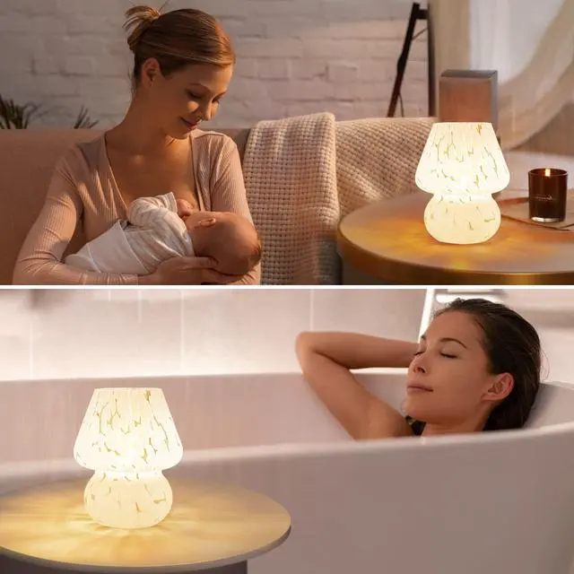Alt view image 6 of 6 - Mushroom Lamp Small Bedside Table Lamp-Nightstand Nightlight Dimmable Stepless, Translucent Glass White Desk Lamp for Bedroom Dorm Living Kitchen, Murano Style Aesthetic Cute Home Decor