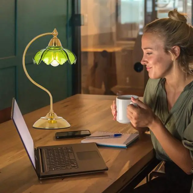 Alt view image 7 of 7 - Glass Beside Table Lamp for Bedroom, Plug In Gold Desk Lamp, Vintage Flower Nightstand Lamp, Table Lamps for Living Room, Small Desk Lamps for Home Office, Green Table Light, Flower Lamp Decoration