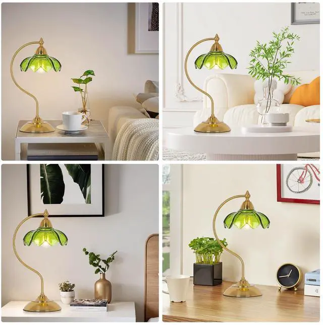 Alt view image 6 of 7 - Glass Beside Table Lamp for Bedroom, Plug In Gold Desk Lamp, Vintage Flower Nightstand Lamp, Table Lamps for Living Room, Small Desk Lamps for Home Office, Green Table Light, Flower Lamp Decoration