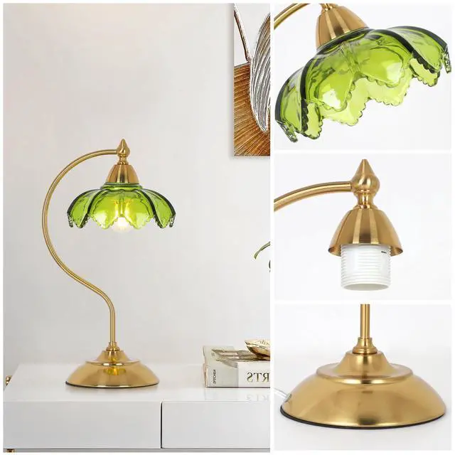 Alt view image 5 of 7 - Glass Beside Table Lamp for Bedroom, Plug In Gold Desk Lamp, Vintage Flower Nightstand Lamp, Table Lamps for Living Room, Small Desk Lamps for Home Office, Green Table Light, Flower Lamp Decoration