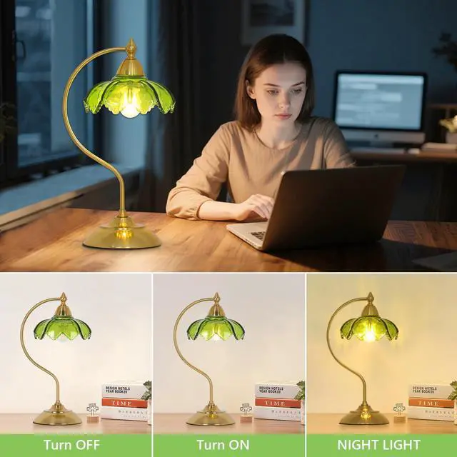 Alt view image 4 of 7 - Glass Beside Table Lamp for Bedroom, Plug In Gold Desk Lamp, Vintage Flower Nightstand Lamp, Table Lamps for Living Room, Small Desk Lamps for Home Office, Green Table Light, Flower Lamp Decoration