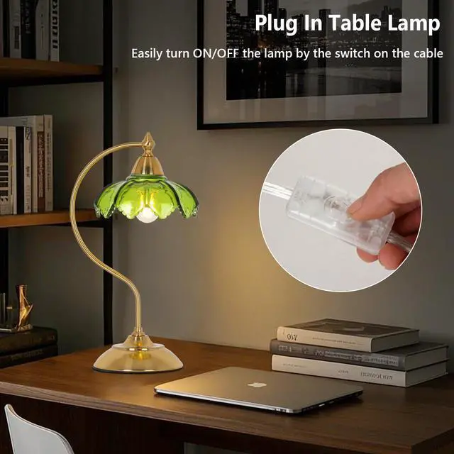 Alt view image 3 of 7 - Glass Beside Table Lamp for Bedroom, Plug In Gold Desk Lamp, Vintage Flower Nightstand Lamp, Table Lamps for Living Room, Small Desk Lamps for Home Office, Green Table Light, Flower Lamp Decoration