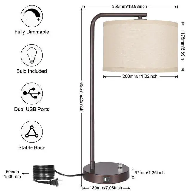 Alt view image 3 of 7 - 25" Tall Table Lamp with USB C+A Ports, Fully Stepless Dimmable Modern Minimalist Bedside Nightstand Lamp, Reading Desk Lamp for Bedroom, Living Room, Study Room, Office, 9W 3000K LED Bulb Included