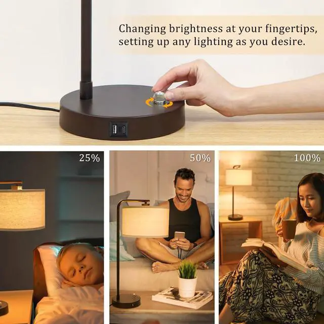 Alt view image 6 of 7 - 25" Tall Table Lamp with USB C+A Ports, Fully Stepless Dimmable Modern Minimalist Bedside Nightstand Lamp, Reading Desk Lamp for Bedroom, Living Room, Study Room, Office, 9W 3000K LED Bulb Included