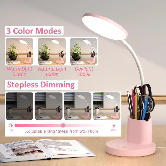 Alt view image 2 of 7 - Desk Lamp, LED Desk Lamps for Home Office, Touch Table Lamp with 3 Color Modes 360° Adjustable Arm, Dimmable Desk Light with Pen Phone Holder for College Dorm, Pink