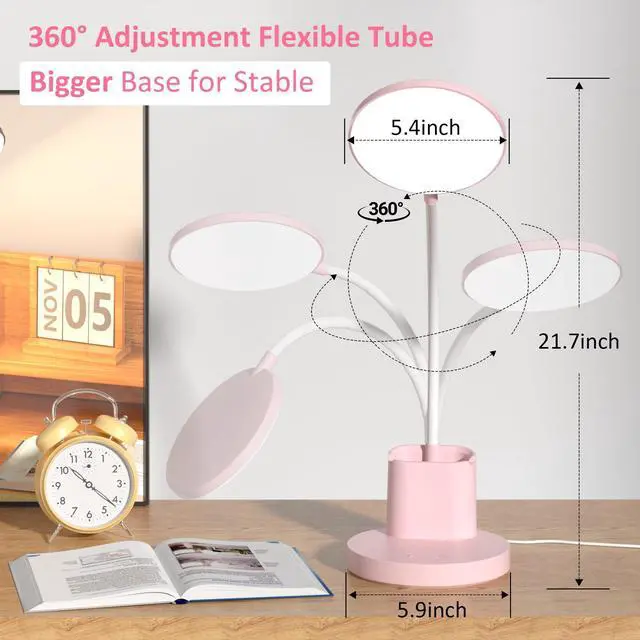 Alt view image 3 of 7 - Desk Lamp, LED Desk Lamps for Home Office, Touch Table Lamp with 3 Color Modes 360° Adjustable Arm, Dimmable Desk Light with Pen Phone Holder for College Dorm, Pink