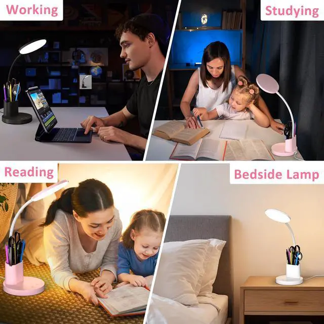 Alt view image 6 of 7 - Desk Lamp, LED Desk Lamps for Home Office, Touch Table Lamp with 3 Color Modes 360° Adjustable Arm, Dimmable Desk Light with Pen Phone Holder for College Dorm, Pink