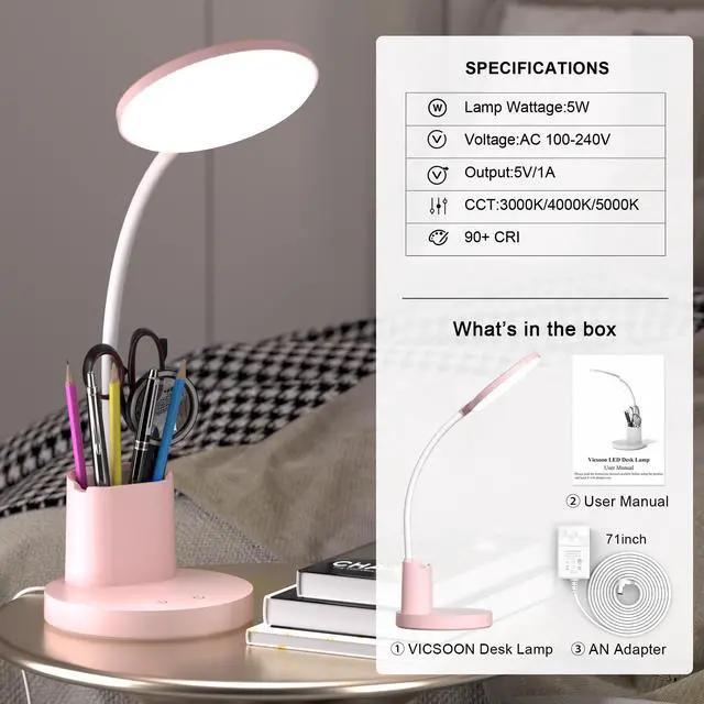 Alt view image 7 of 7 - Desk Lamp, LED Desk Lamps for Home Office, Touch Table Lamp with 3 Color Modes 360° Adjustable Arm, Dimmable Desk Light with Pen Phone Holder for College Dorm, Pink