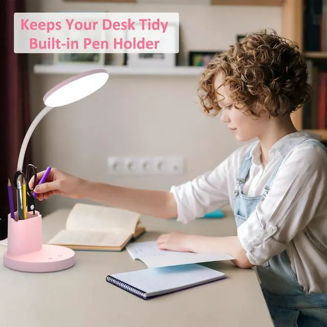 Alt view image 5 of 7 - Desk Lamp, LED Desk Lamps for Home Office, Touch Table Lamp with 3 Color Modes 360° Adjustable Arm, Dimmable Desk Light with Pen Phone Holder for College Dorm, Pink
