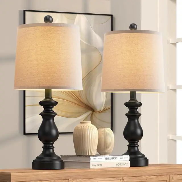 Main image of Traditional Table Lamp Set of 2, Rustic Farmhouse Table Lamps for Living Room Bedroom, 22" Bedside Desk Lamps Vintage Nightstand Lamps with Linen Shades, Black