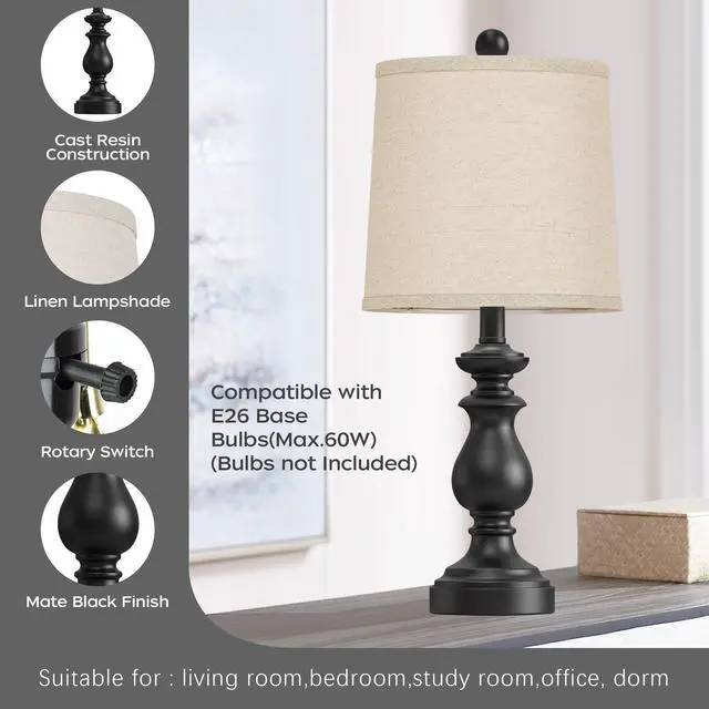 Alt view image 3 of 7 - Traditional Table Lamp Set of 2, Rustic Farmhouse Table Lamps for Living Room Bedroom, 22" Bedside Desk Lamps Vintage Nightstand Lamps with Linen Shades, Black