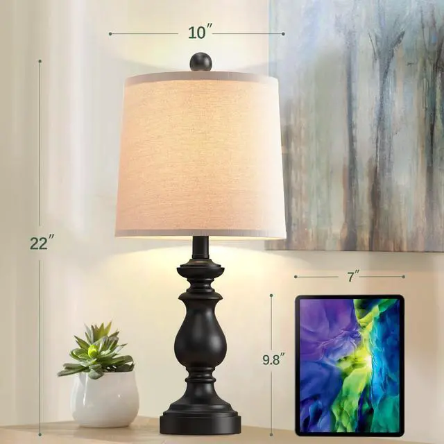 Alt view image 4 of 7 - Traditional Table Lamp Set of 2, Rustic Farmhouse Table Lamps for Living Room Bedroom, 22" Bedside Desk Lamps Vintage Nightstand Lamps with Linen Shades, Black