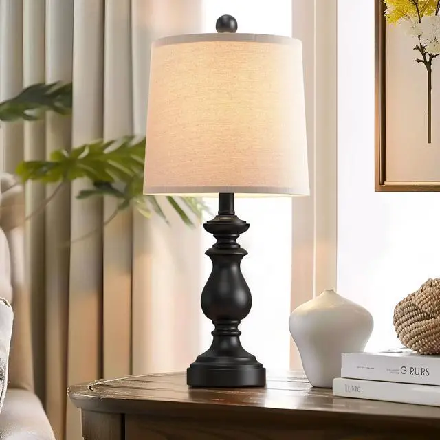 Alt view image 5 of 7 - Traditional Table Lamp Set of 2, Rustic Farmhouse Table Lamps for Living Room Bedroom, 22" Bedside Desk Lamps Vintage Nightstand Lamps with Linen Shades, Black